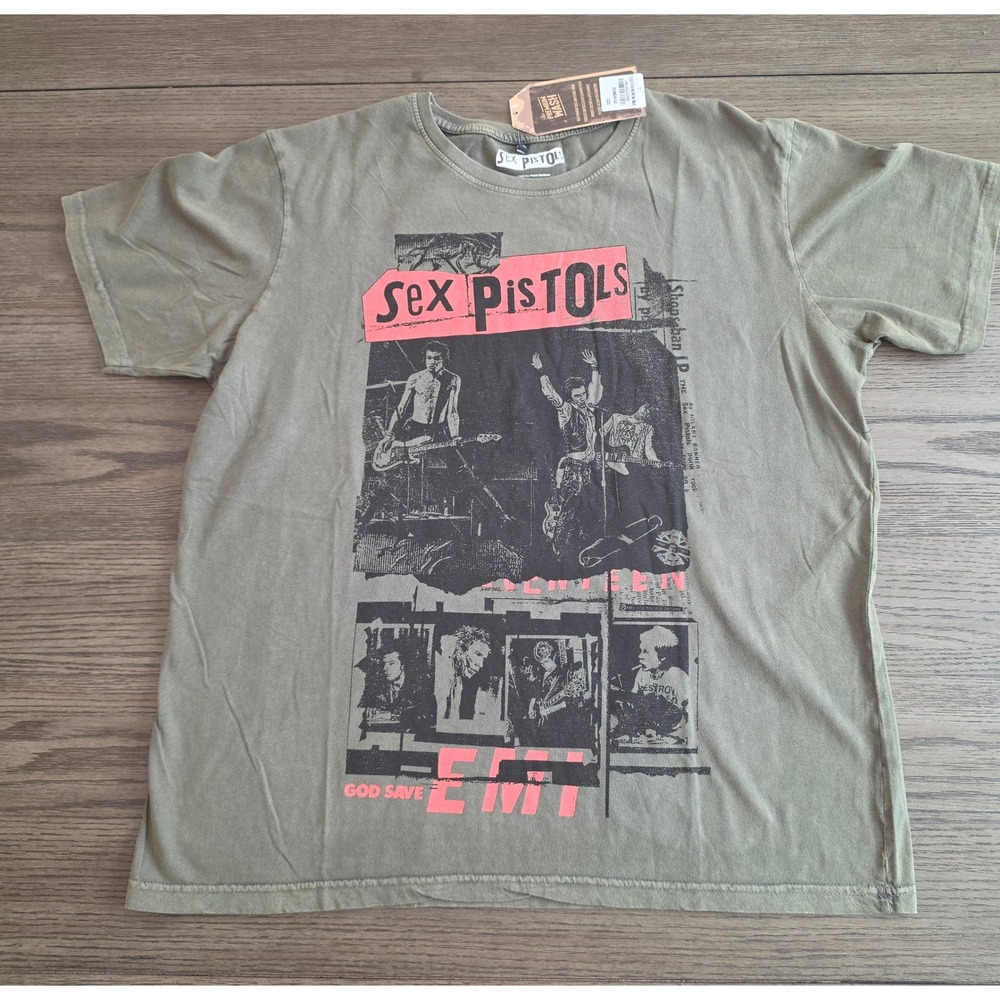 Sex Pistols Graphic TShirt Olive Grn Stone Wash Licensed Large NWT IMPERFECTIONS